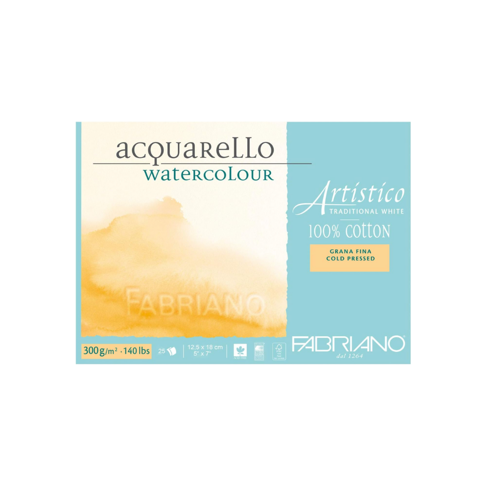 Fabriano Artistico Watercolour Block Traditional White 5x7" CP 140lb 25 Sheets 100% Cotton